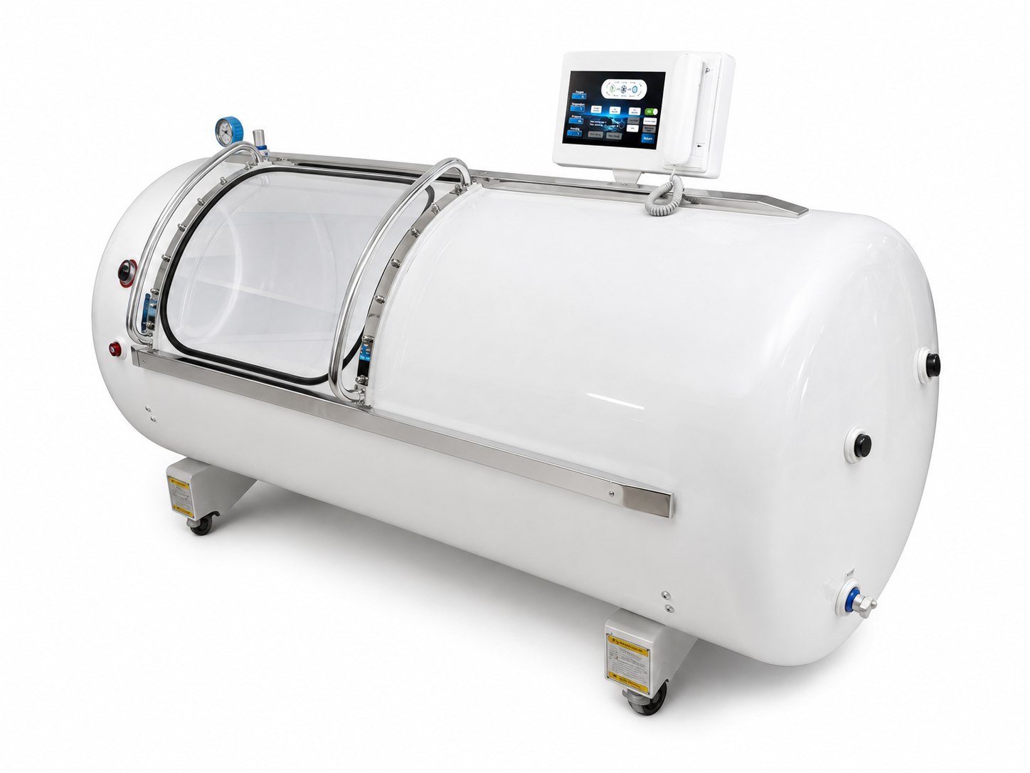 Cirrus / HP2202 — rigid hard-shell hyperbaric chamber, side view with control panel.