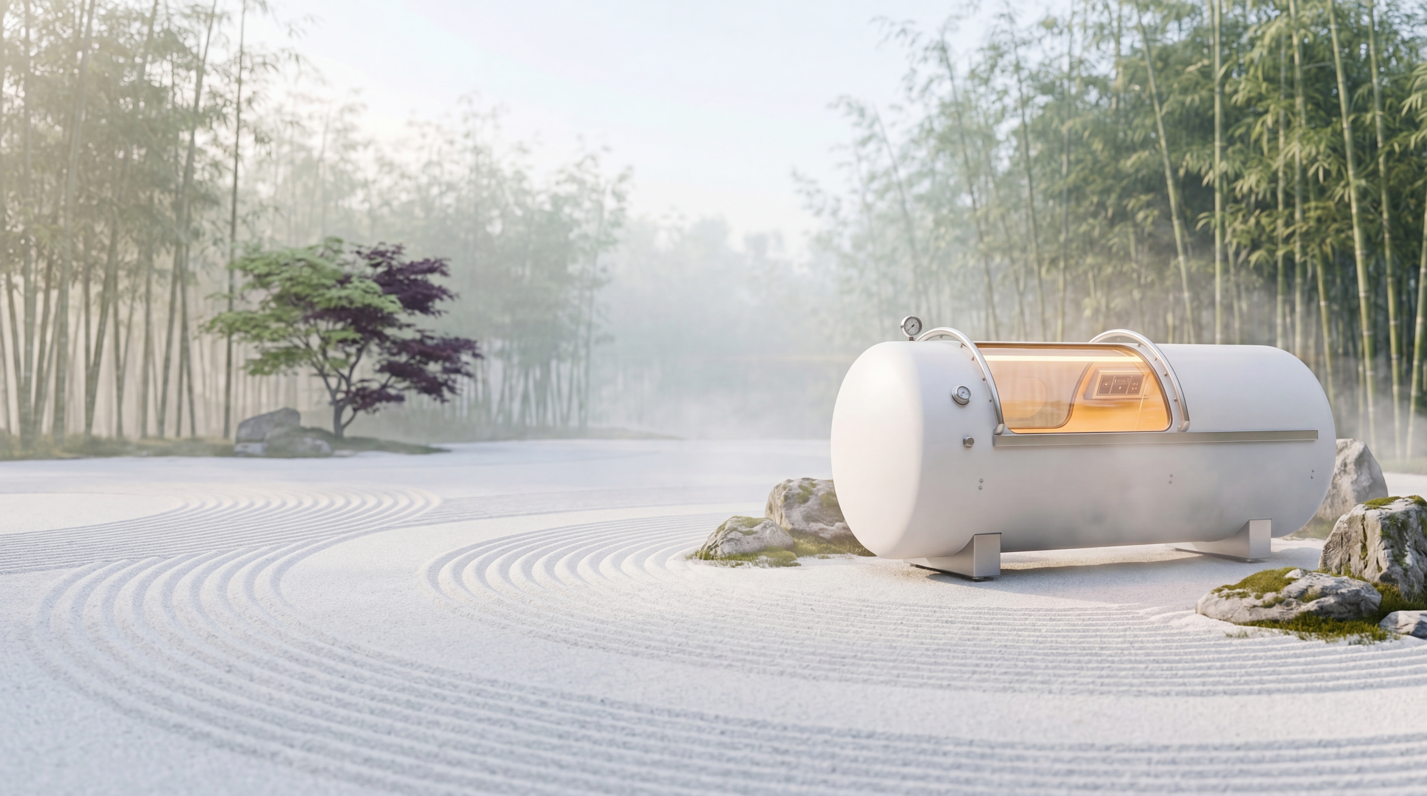 A hyperbaric chamber in a misty zen garden of raked sand, bamboo, and weathered stone.